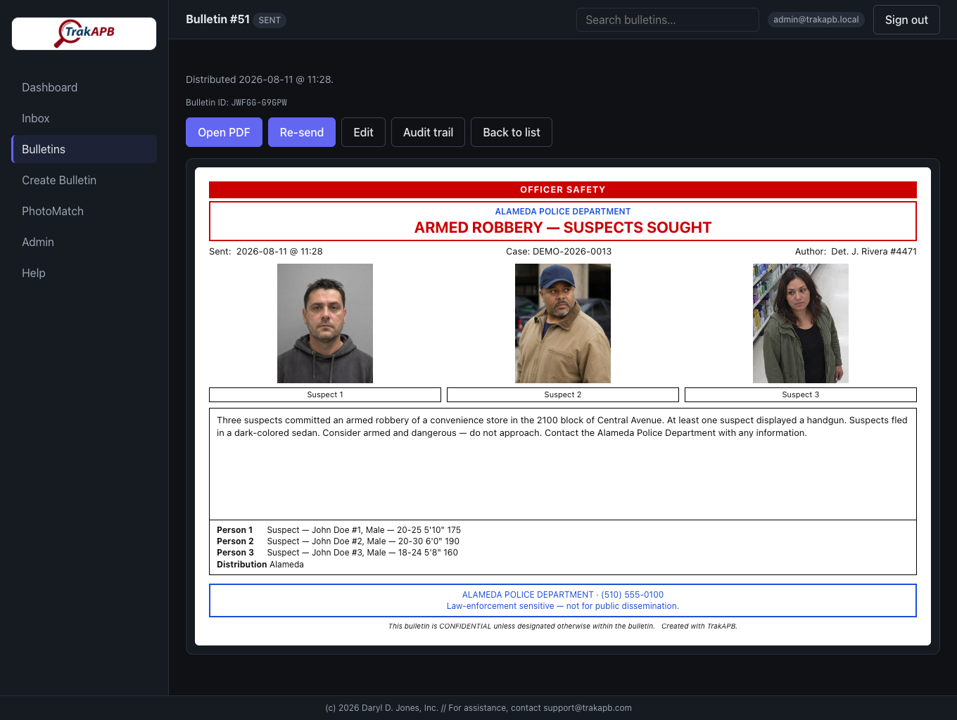 Sample TrakORC organized retail crime bulletin with three subject photos, narrative, and distribution list.
